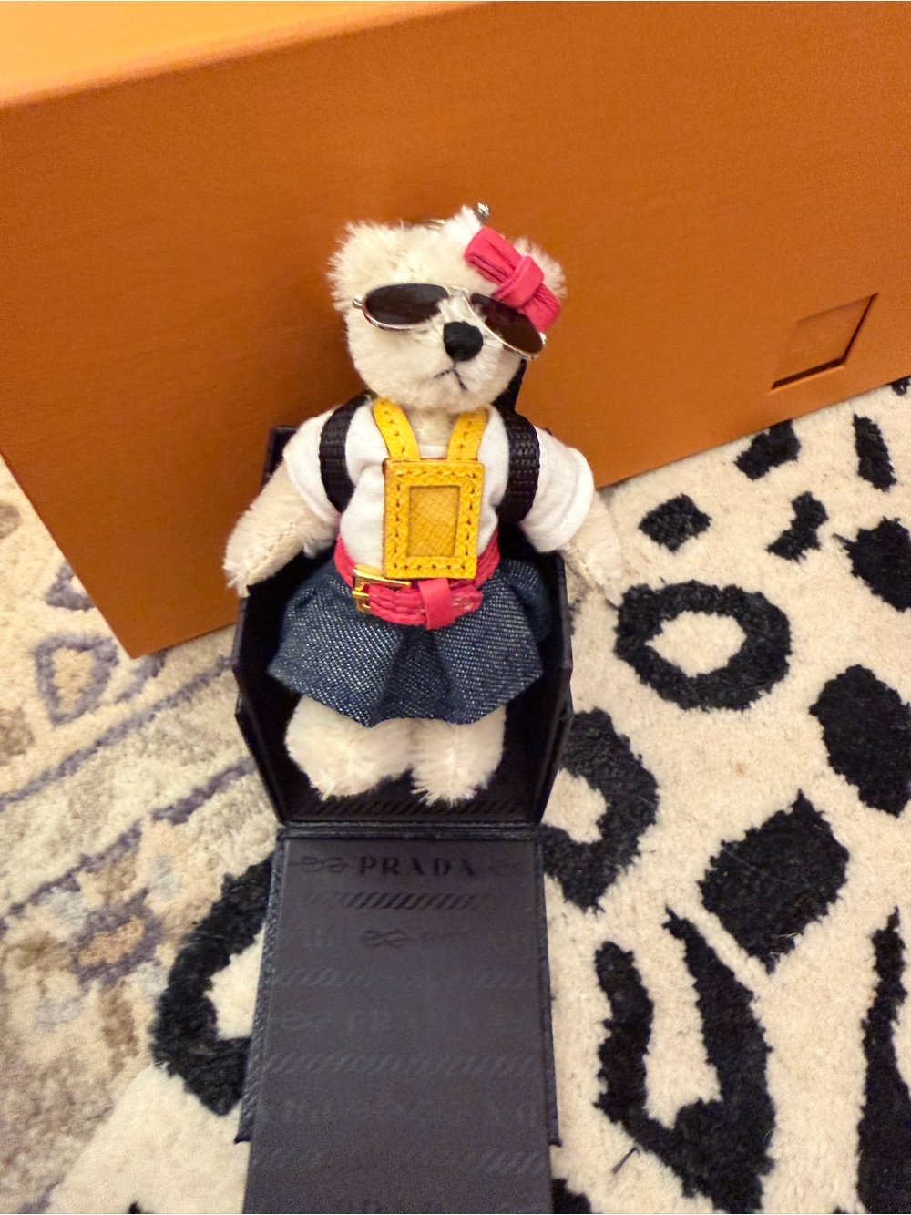 Prada Triangle Plate Bear Backpack with sunglasses Acrylic Ivory White Keychain